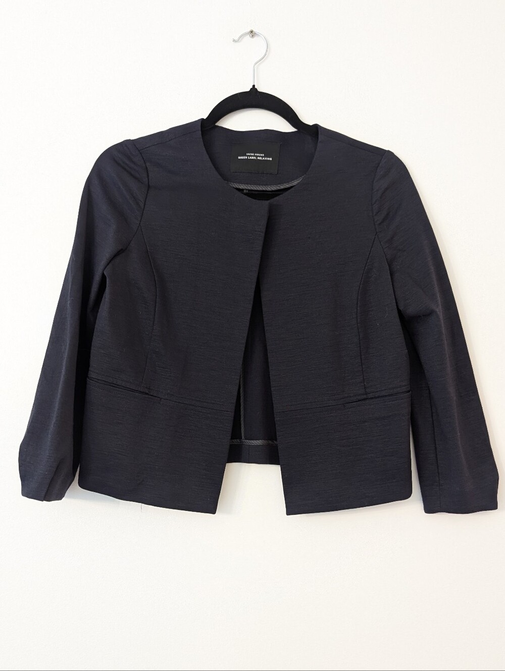 United Arrows Green Label Relaxing Dark Navy Collarless Cropped Blazer Jacket